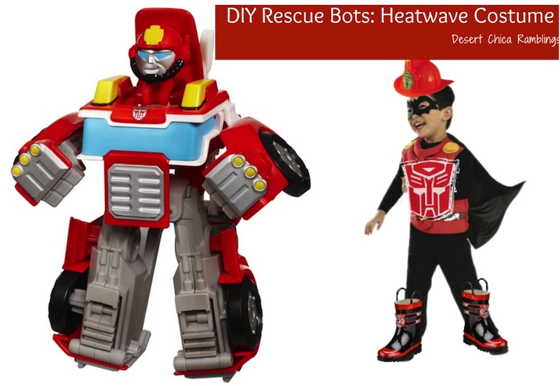 Heatwave Transformers Rescue Bot Toy with kid dressed in a costume inspired by it
