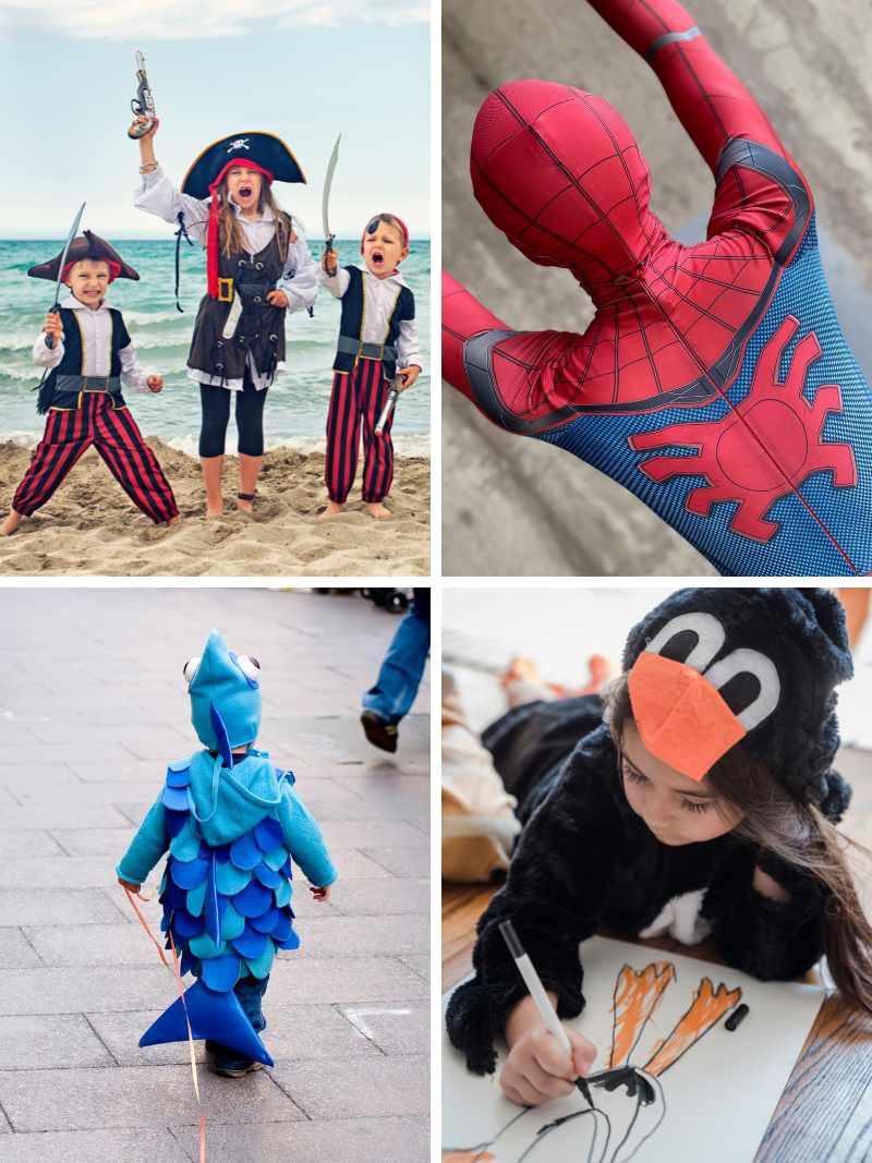 Disneyland inspired costumes including pirates, blue fish, penguin and spiderman
