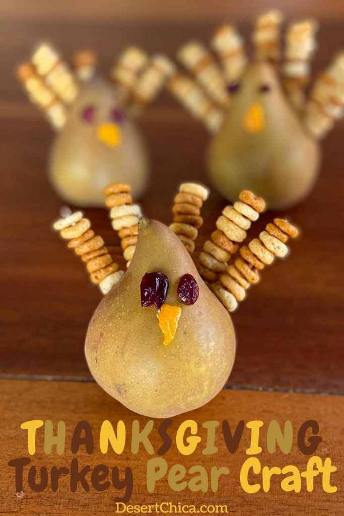 Bosc Pear decorated like Thanksgiving Turkey Craft