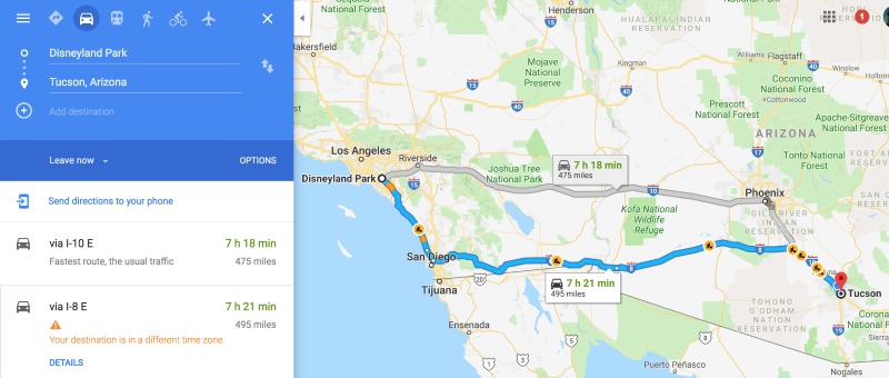 Tucson to Disneyland Road Trip Routes