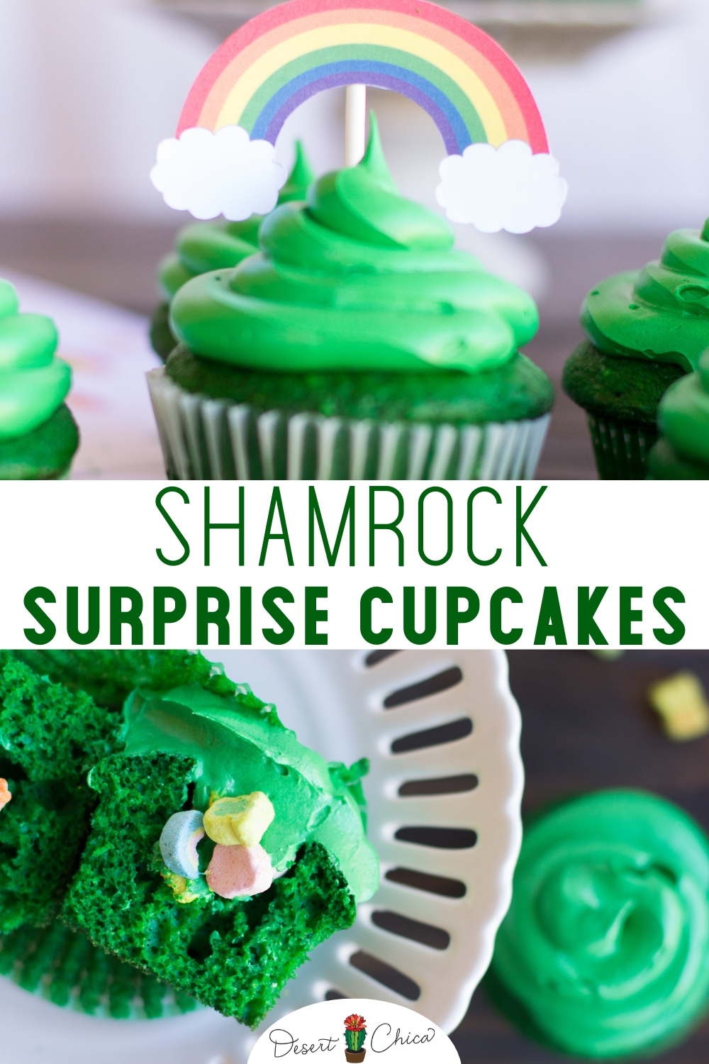 Check out these fun leprechaun inspired cupcakes with Lucky Charms hidden inside like a pinata. They are easy cupcakes to make with a surprise of marshmallows hidden inside for kids and adults to enjoy. Top with rainbow candy or a cupcake topper and you will have a festive dessert for St. Patrick's Day. St. Patricks Day Dessert | St. Patricks Day Food for Kids | St. Patrick's Day Dessert | Rainbow Cupcake | St. Patrick's Day Treats | St. Patrick's Day Cupcakes