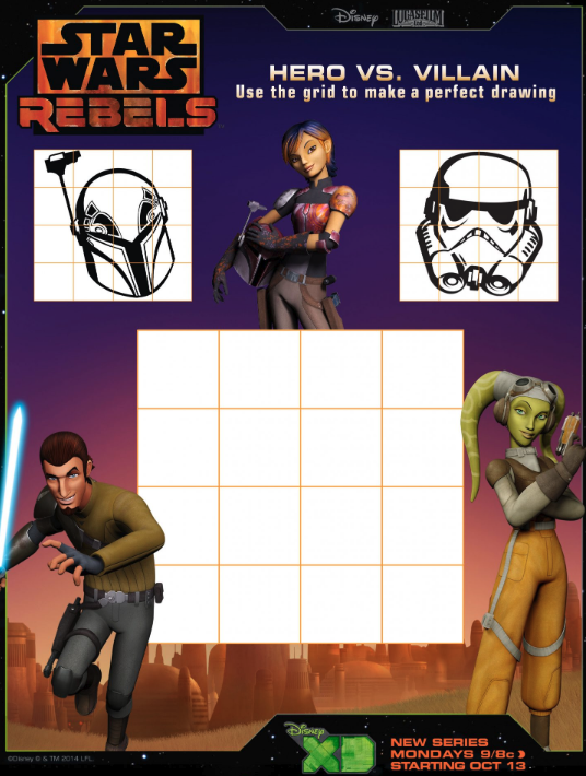 Learn to draw activity featuring a stormtrooper helmet and Sabine's mandalorian helmet from Star Wars Rebels
