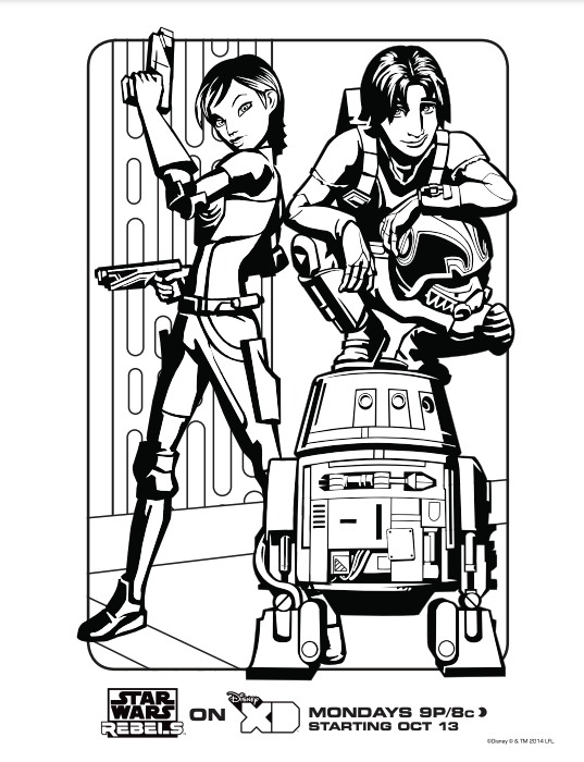 coloring page featuring sabine wren, ezra bridger and chopper (a droid) from the Star Wars Rebels animated show