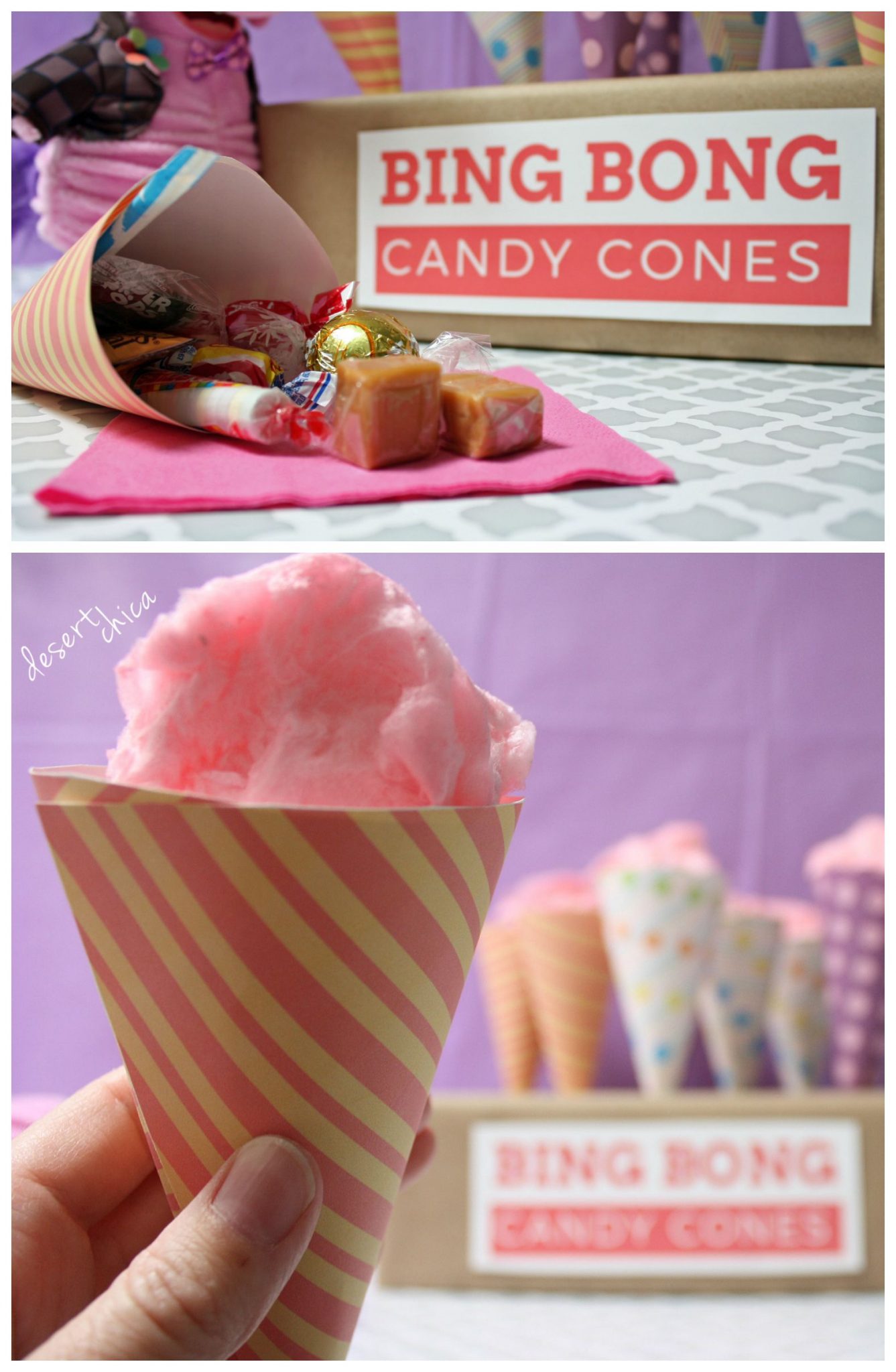 Bing Bong Candy Cones with Cotton Candy and Caramel