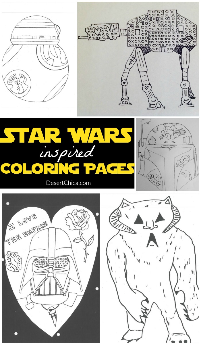 Free Printable Star Wars Coloring Pages set that includes a BB-8 Coloring Page, AT-AT Coloring Page, Boba Fett Coloring page, Wampa Coloring Page and Darth Vader Coloring Page