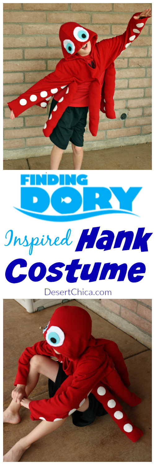 Hank the Octopus Finding Dory Costume is an easy DIY Halloween costume: an easy Octopus costume idea using a sweatshirt, felt and duct tape. Duct Tape costume |Sweatshirt costume | Ocean costume