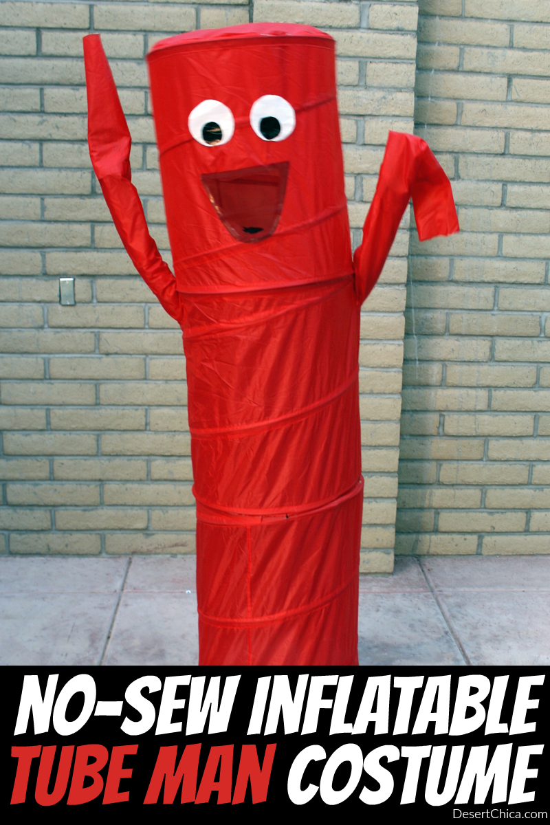 Need a wacky, last minute costume idea? How about a no-sew inflatable tube man costume! Grab a couple of pop up of hampers and get started!