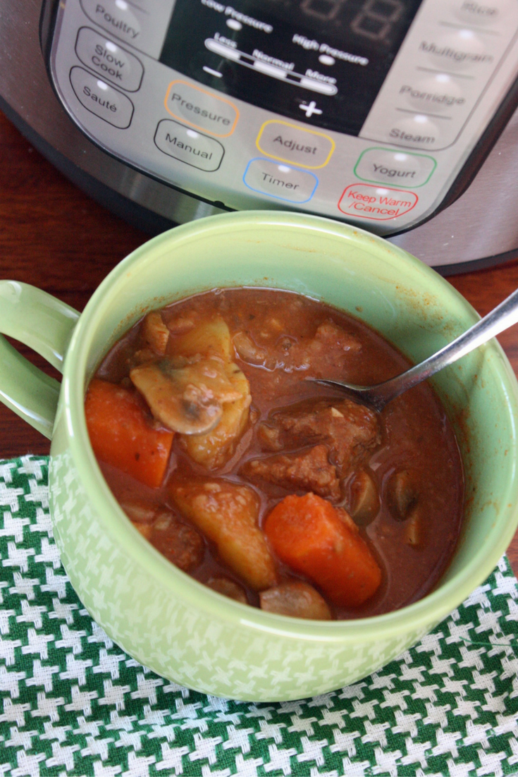 This easy Instant Pot beef stew recipe is delicious and also doubles as a 21 day fix instant pot beef stew. I used gluten-free flour in the recipe to make it wheat free for my husband. The delicious broth is my favorite part!