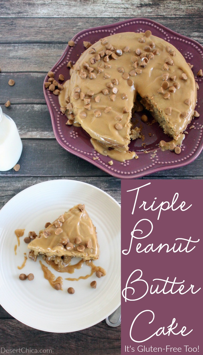This triple peanut butter cake is amazingly delicious, you can't even tell that it's also gluten-free. Perfect for all your super peanut butter fans.