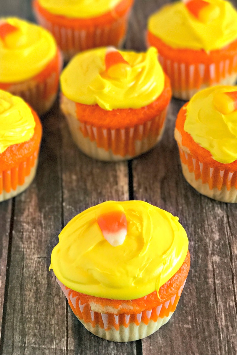 Candy corn cupcakes are an easy dessert to make for a candy corn party.