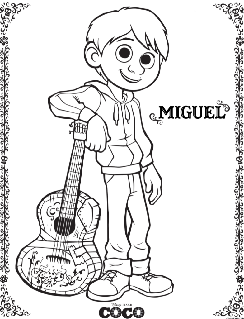 Coco Coloring Page featuring Miguel leaning on a guitar