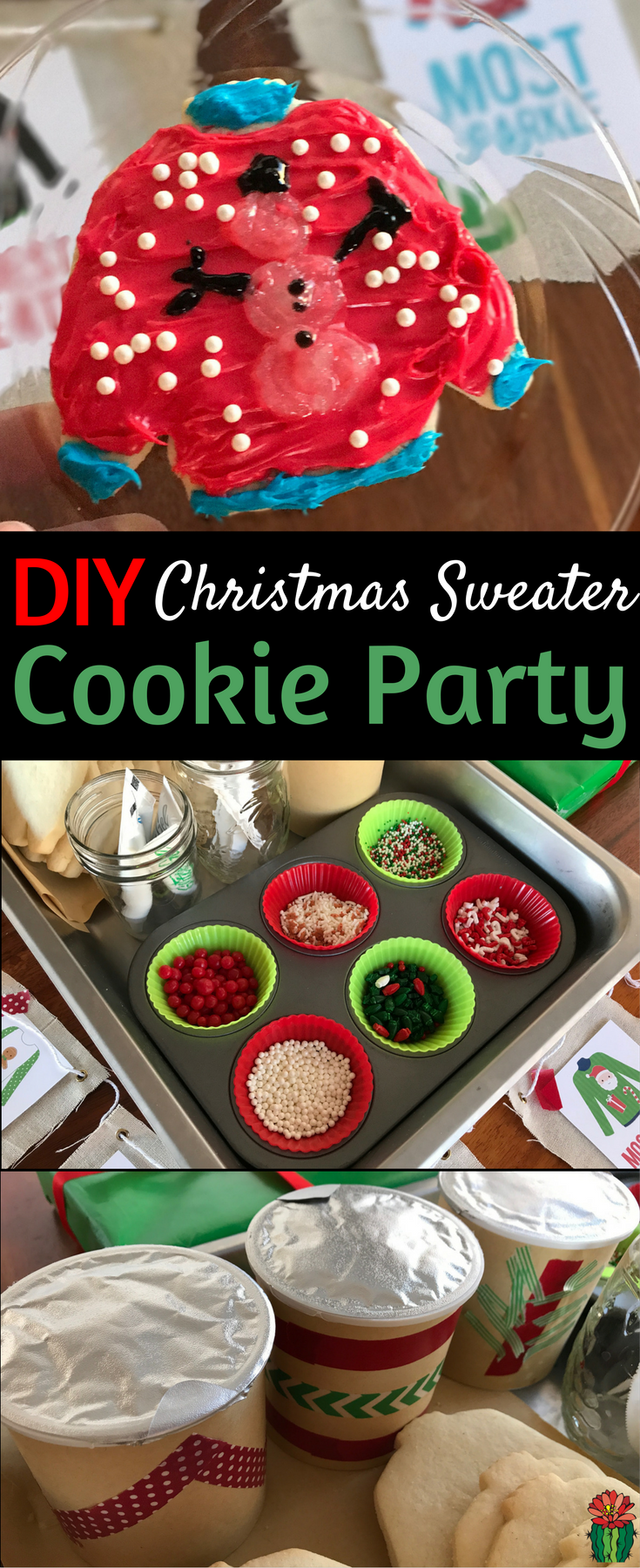 Kick your Christmas cookie decorating party up a notch by combining it with an ugly Christmas sweater party & decorate ugly Christmas sweater cookies!