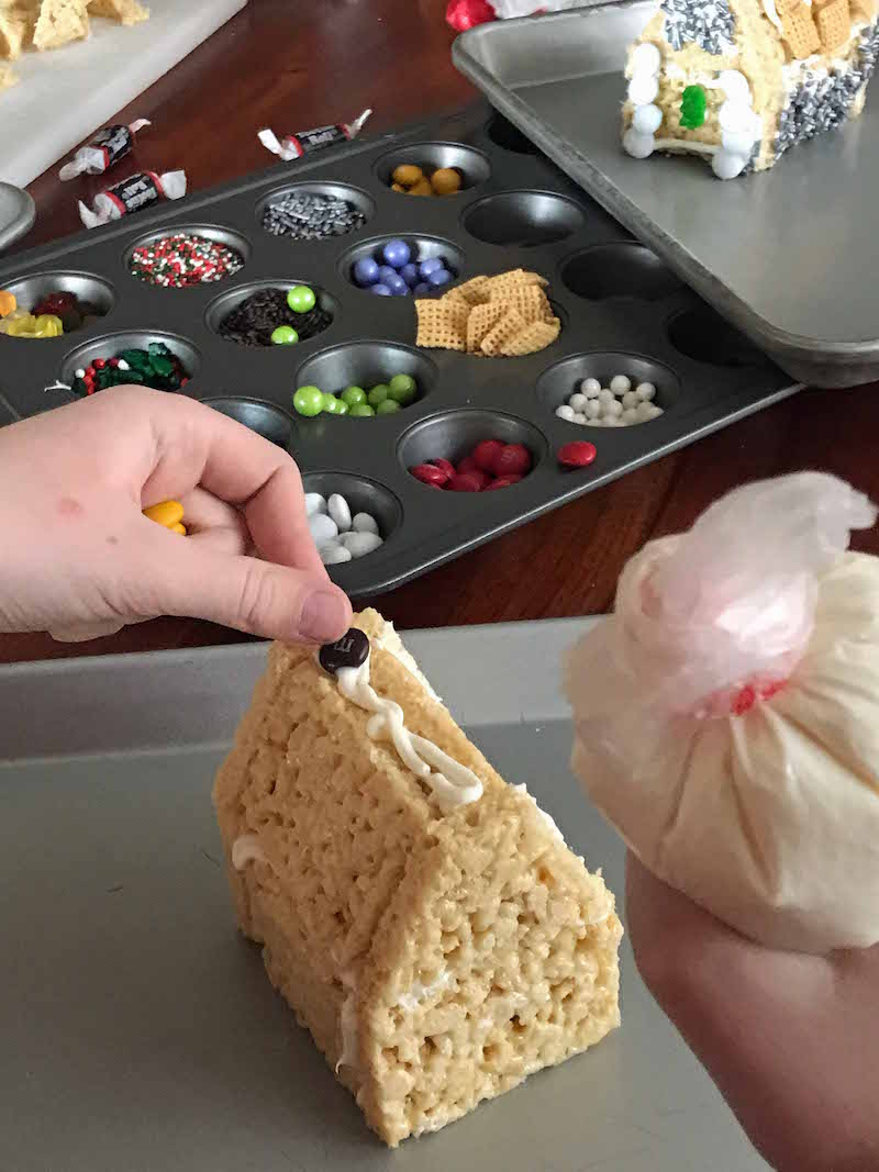 Making rice krispies gingerbread houses with kids
