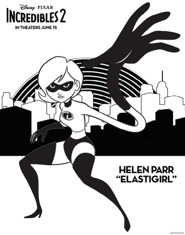 black and white coloring page featuring Elastigirl aka Mrs. Incredible from Incredibles 2