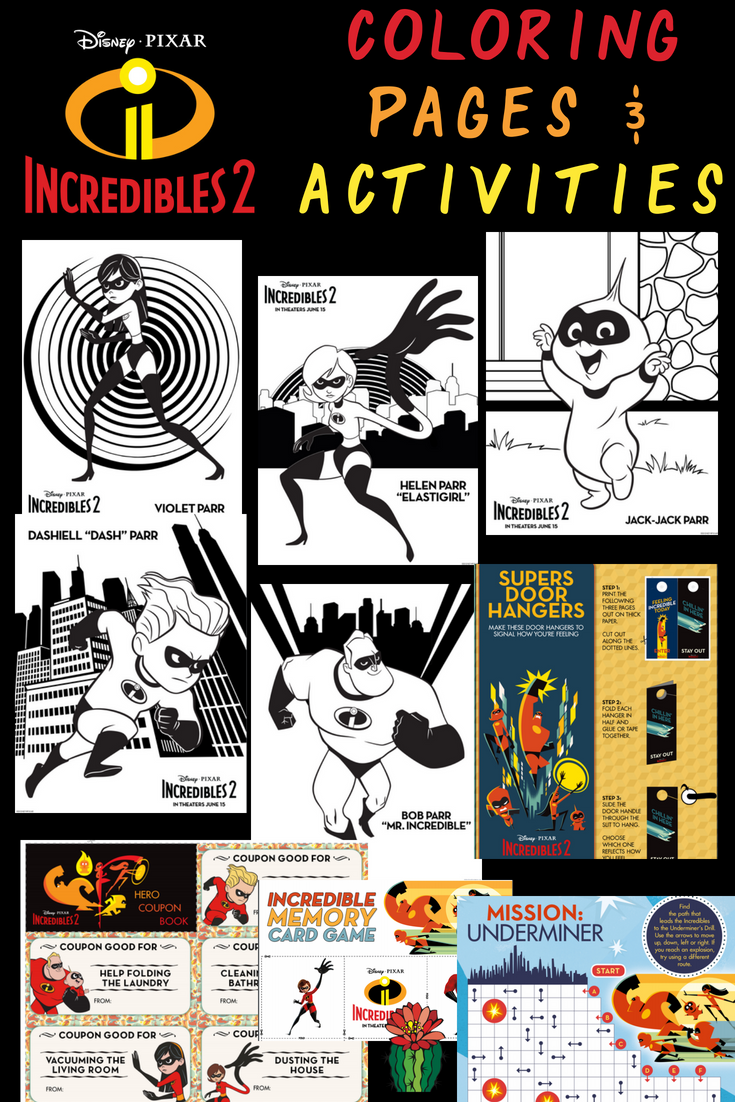 Disney and Pixar just released a set of free printable Incredibles coloring pages to celebrate the release of Incredibles 2. They include pictures of violet, baby Jack Jack, the mom - Elastigirl, Mr. Incredible, and Dash. You can also print a few activities for your kids to do as well. 