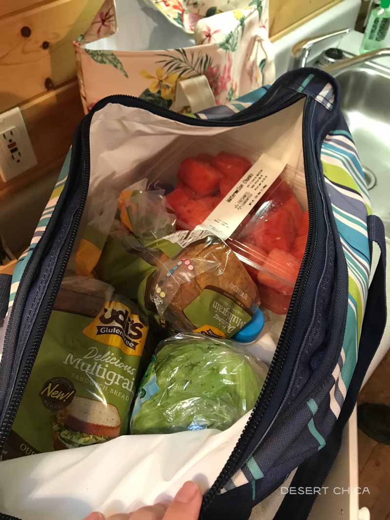 Insulated grocery totes keep the food cold on our road trip from San Jose to Yosemite Lakes RV Resort