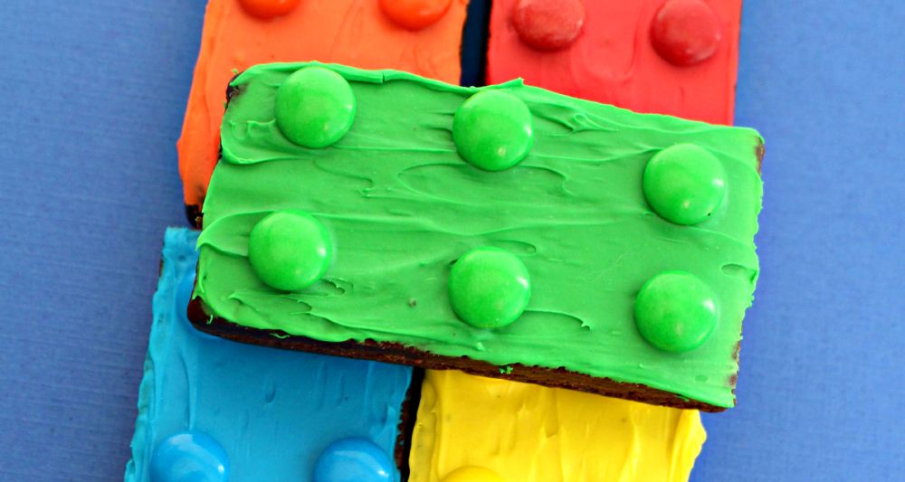 Brownies decorated as green, yellow, blue, red and orange LEGO blocks