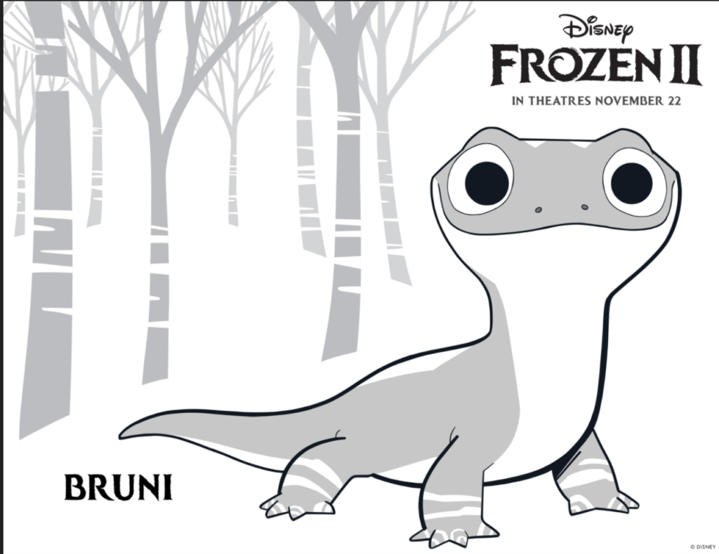 Frozen 2 Coloring page featuring Bruni the Salamander in the forest