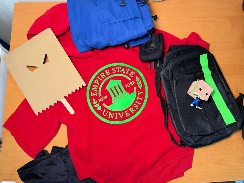 Bombastic Bag-Man Costume Pieces include red hoodie, blue pants, mask and sling bag