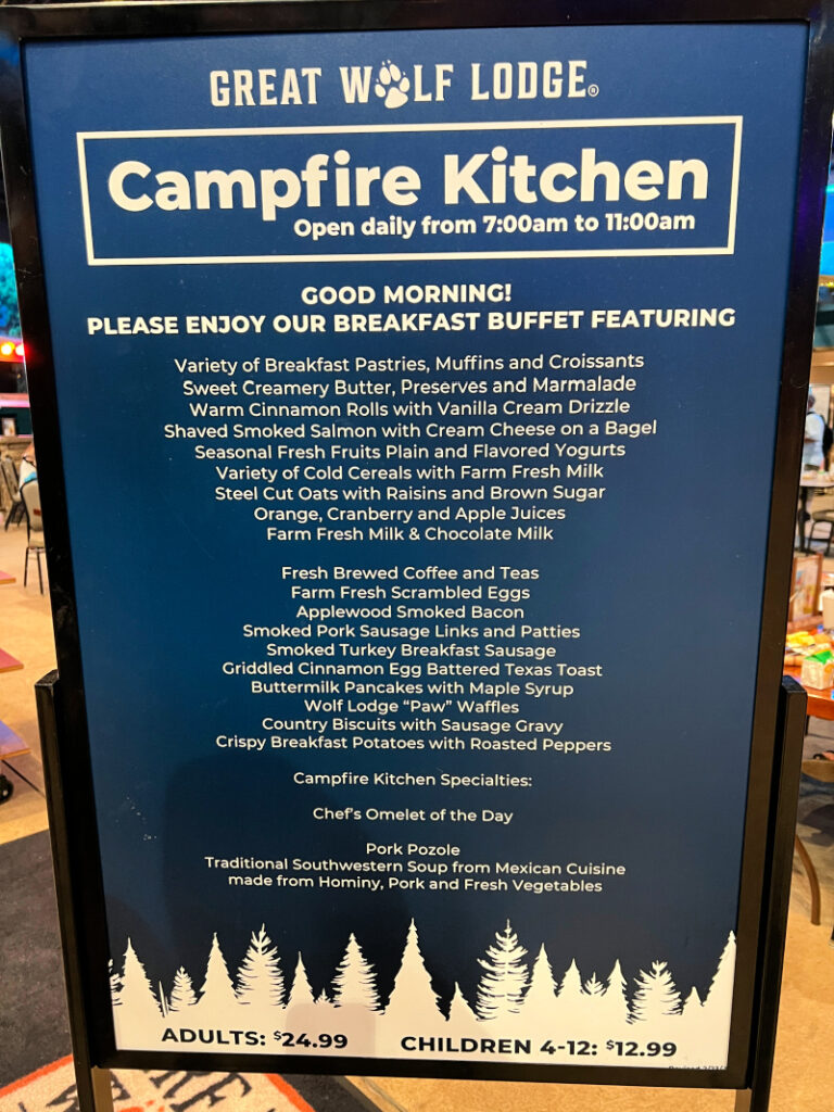 Buffet Menu options at Campfire Kitchen at Great Wolf Lodge Arizona